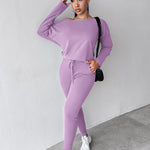 2 Pieces Outfit Long Sleeve Skew Neck Pullover Top and Drawstring Elastic Waist Slim Fit Pants Set