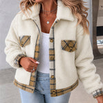 Women's Crop Sherpa Jacket Plaid Trim Fleece Coat Button Down Lapel Fluffy Outerwear