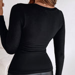 Built In Bra U Neck Tee High Stretchy Knit T-Shirt Long Sleeve Top