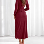 Women's Elegant V-Neck Long Sleeve Ruched Front Slit Midi Evening Dress