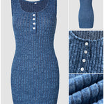 2 Pieces Outfit U-Neck Thick Strap Button Front Slim Fit Ribbed Knit Dress and Casual Long Sleeve Pockets Design Open Front Cardigan Coat Set