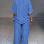 Women's Textured 2 Piece Outfits V Neck Drawstring Ruched Top and Wide Leg Pants Set Casual Loose Loungewear