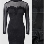 Glitter Long Sleeve Mock Neck Sheer Mesh Patch Bodycon Dress Night Out Party Mini Dress