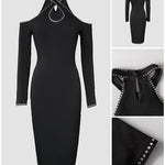 Rhinestone Decor Halter Cold Shoulder Long Sleeve Bodycon Dress Hollow-out Front & Back Evening Dress