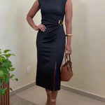 Women's Sleeveless Midi Dress Gold Buckle Ruched Front Slit Bodycon Dress