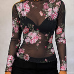 Women's Sheer Mesh Vintage Floral Print Mock Neck Frill Trim Long Sleeve Top