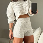 2 Piece Crewneck Long Sleeve Cable Knit Crop Sweater High Waist Shorts Tracksuits Outfits