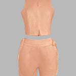 2 Pieces Outfit Button Decor Sleeveless Hollow-out Front Zipper Back Crop Top and Casual Elastic Back Waist Tie Side Shorts Set