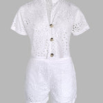 Women's Eyelet Embroidery Two Piece Outfits Stand Collar Button Up Crop Top and High Waist Shorts Set