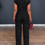 Women's Glitter Textured 2 Piece Outfits V Neck Twist Cap Sleeve Slit Top and High Waist Straight Leg Pants Set