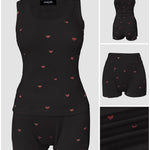 2 Pieces Outfit Heart Print U Neck Sleeveless Tank Top And Casual Strechy Waist Shorts Set Slim Fit Ribbed Pajamas Set