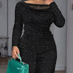 2 Pieces Outfit Cowl Neck Lace Spliced Long Sleeve Top and Elastic Waist Wide Leg Pants Set Casual Glitter Set