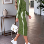 Women's Contrast Side Stripe Long Sleeve Crew Neck Top and Drawstring Midi Skirt Set