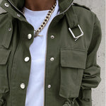 High Neck Zip Up Snap Button Front Flap Pockets Design Cargo Biker Jacket Casual Drawstring Crop Coat