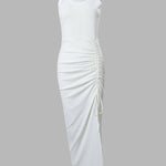 Side Slit Drawstring Ruched Bodycon Casual Sun Maxi Dresses Sleeveless Ribbed Tank Dress