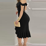 Women's Cold Shoulder Adjustable Pearls Straps Bodycon Dress Cowl Neck Asymmetrical Ruffle Hem Party Dress