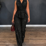 Women's 2 Piece Glitter Outfits Sleeveless Wrap V Neck Ruffle Hem Top and Wide Leg Pants Set