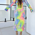 Tie Dye Print Foldover Off Shoulder Long Sleeve Textured Bodycon Dress Casual Ripped Detail High Strech Vacation Dress