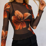 Women's Floral Print Sheer Mesh Top Frill Trim Mock Neck Long Sleeve Tee