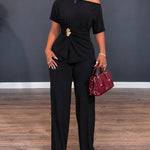 Women's Two Piece Outfits Convertible Shoulder Ruched Top and High Waisted Straight Leg Pants Set