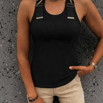 Women's Ribbed Knit Tank Top Adjustable Buckle Strap Side Ruched Knit Top Curved Hem Slim Fit Vest
