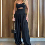 CHICME Women's Cut-out Waist Cami Jumpsuit Backless Tie-Back Lantern Romper Ruched High Waist Summer Jumpsuit
