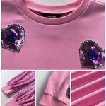 Heart Pattern Contrast Sequin O-Neck Long Sleeve Sweet Pullover Top
