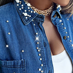 Pearls & Rhinestone Decor Turn-down Collar Button Front Denim Shirt Coat Casual Top