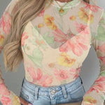 Women's French Style Watercolor Floral Print Mesh Top Long Sleeve Sheer Blouse See Through Slim Fit Tee with Thumbholes