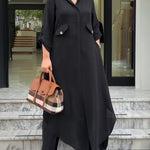 2 Pieces Outfit Turn-down Collar Turn-Up Sleeves Button Front Asymmetrical Hem Longline Blouse and Casual Elastic Waist Wide Leg Pants Set