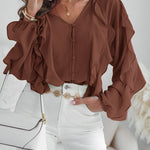 V Neck Shoulder Ruffles Design Blouse Casual Button Front Long Sleeve Top