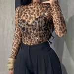 Rhinestone Decor Leopard Print Mock Neck Long Sleeve Tee Sexy Slim Fit Sheer Top