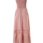 Women's Strapless Shirred Maxi Dress Lace Splice Tied Detail Frill Trim Sundress with Detachable Clear Straps