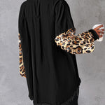 Contrast Sequin Leopard Print Spliced Turn-down Collar Button Front Denim Jacket Casual Pockets Design Raw Hem Coat