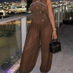 Women's Rhinestone Cutout Jumpsuit Sleeveless Sheer Chiffon Lantern Leg Overalls