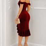 Women's Rhinestone Velvet Asymmetrical Dress Pearl Strap Cold Shoulder Ruffle Mermaid Evening Gown