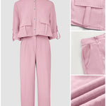 2 Pieces Outfit Turn-down Collar Turn-Up Sleeves Button Front Flap Pockets Design Top and Causal Zipper Fly Elastic Back Waist Wide Leg Pants Set