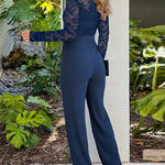 Metal Decor Scallop Trim V-Neck Lace Overlay Jumpsuit Casual Lace Long Sleeve Zipper Back Jumpsuit