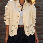 Women's Burnout Pattern Scalloped Hem Suede Coat Lapel Collar Button Front Cropped Jacket