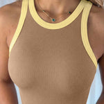 Women's Contrast Binding Slim Fit Bodysuit Ribbed Knit Sleeveless Round Neck Top