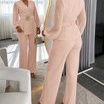 Women's 2 Piece Outfits Blazer Set Wrap V Neck Lantern Sleeve Top and High Waisted Straight Pants with Belt