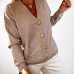 Women's Gold Button Knit Cardigan V Neck Sweater with Pockets