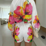 2 Pieces Outfit Stand Collar Lantern Sleeve Button Front Top and High Waist Elastic Waist Shorts Set Casual Watercolor Floral Placement Print Set with Belt & Lining