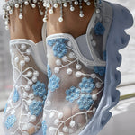 Floral Pattern Sheer Mesh Patch Round Toe Sneakers