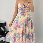 Women's Oil Painting Floral Mesh Midi Dress Sexy Cowl Neck Cami Dress High Waisted Ruched Backless A Line Sundress
