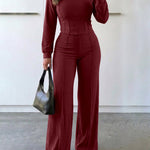 2 Pieces Outfit O-neck Long Sleeve Cinched Waist Sweatshirt and Elastic Waist Wide Leg Pants Set Casual Seam Design Sweatpants Set