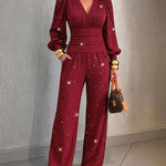 Women's 2 Piece Glitter Set Deep V Neck Lantern Sleeve Ruched Top and Wide Leg Pants with Pockets