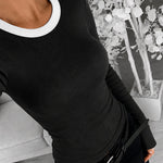 Women's Ribbed Long Sleeve Top Contrast Trim Crew Neck Fitted T Shirt