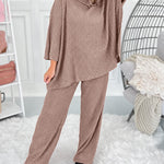 Women's 2 Piece Ribbed Knit Set Asymmetrical Zipper Turtleneck Batwing Sleeve Top and Pants Casual Loungewear
