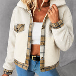 Women's Crop Sherpa Jacket Plaid Trim Fleece Coat Button Down Lapel Fluffy Outerwear